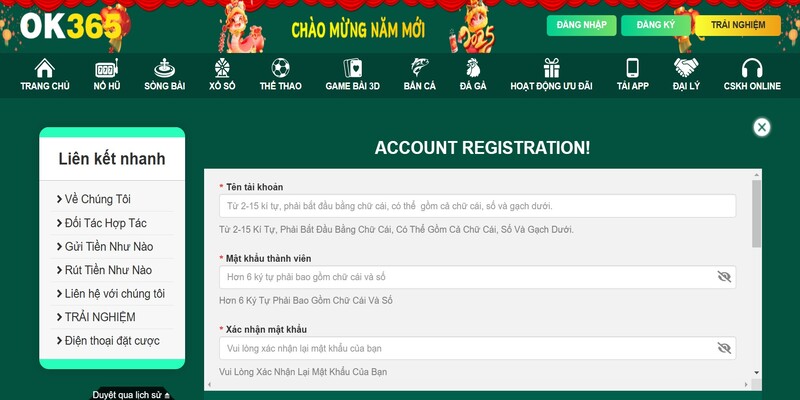 Những bước hướng dẫn người chơi tạo tài khoản tại OK365